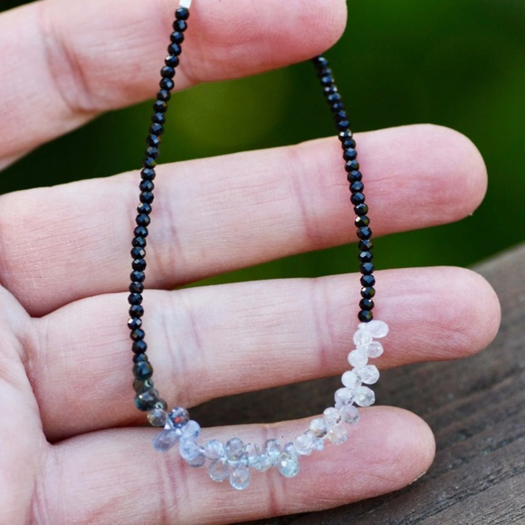 Natural Black Spinel, Tiny Briolette Blue Sapphire Bracelet Solid 14K White Gold - Picture 2 of 6